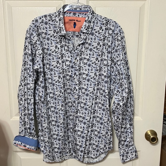 Men’s Visconti Black Long Sleeve Button Down Shirt Size XL Pirate Print Cotton - Picture 1 of 8